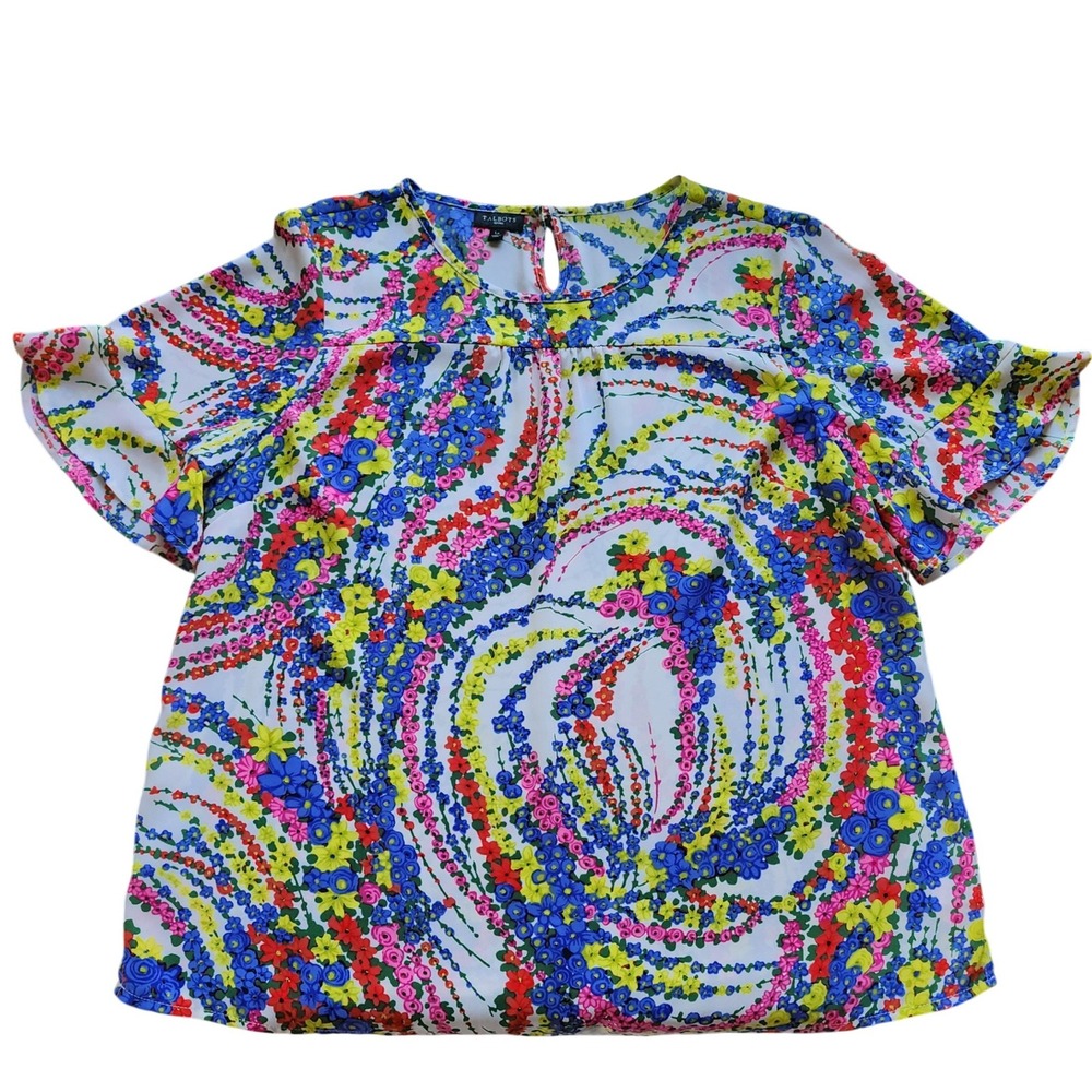 Talbots Womens Blouse Multicolor Floral Swirl Flutter Sleeve LP